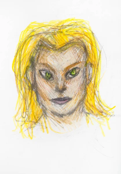 黄头发的猫女画像 用铅笔在白纸彩色铅笔上用白纸在白纸上绘制 — 图库照片