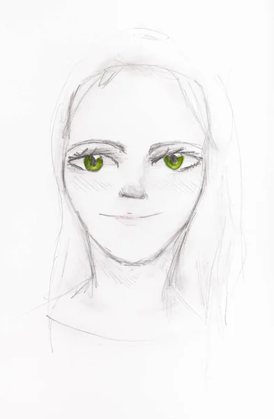 Retrato Menina Com Olhos Verdes Desenhados Mão Por Lápis Papel — Fotografia de Stock