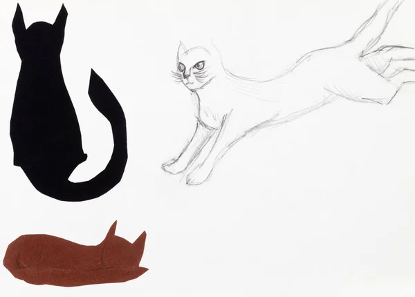 Boceto Gato Saltando Dos Figuras Gato Cortadas Papel Sobre Papel — Foto de Stock