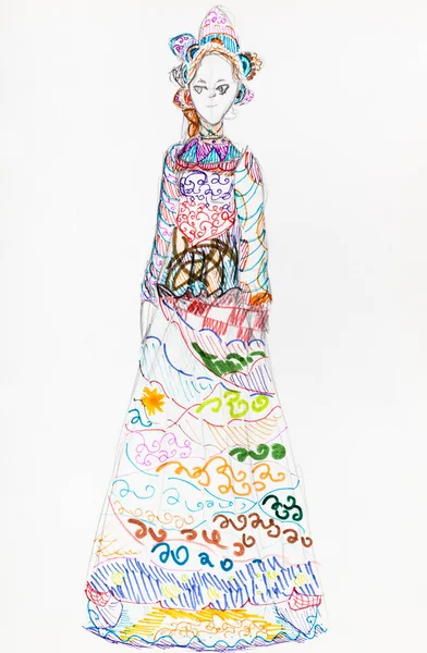 Dziewczyna Ludowej Długiej Sukni Ręcznie Rysowane Przez Ołówki Pisaki Filcowe — Zdjęcie stockowe