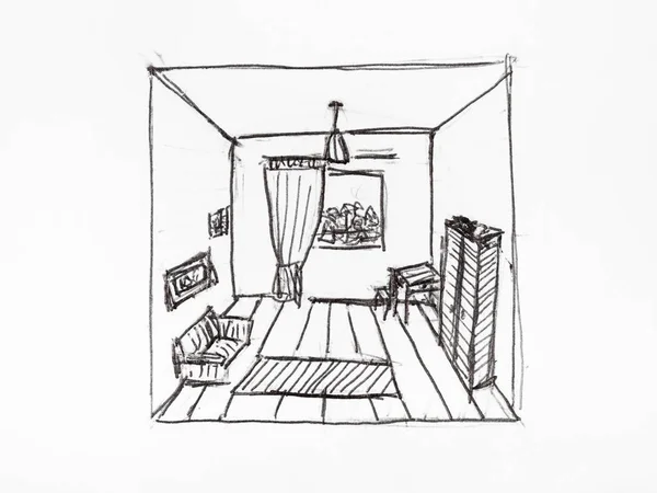 Convergence Perspective Lines Appartment Room Hand Drawn Black Ink White — Stock Photo, Image