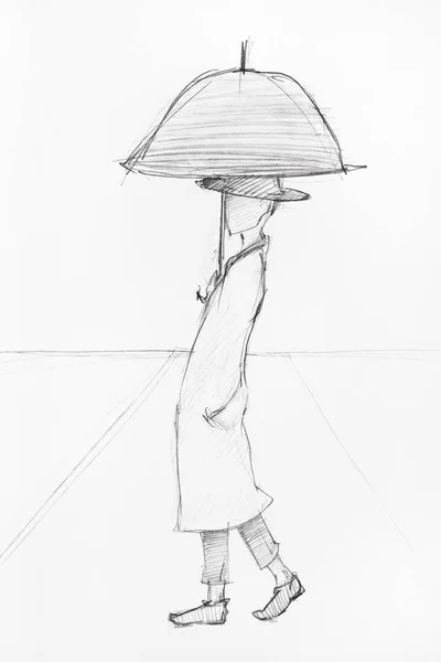 Sketch Man Umbrella Perspective Convergence Lines Hand Drawn Black Pencil — Stock Photo, Image