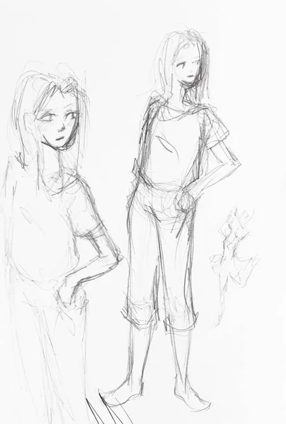 Sketches Girls Looking Hand Drawn Black Pencil White Paper — Stock Photo, Image