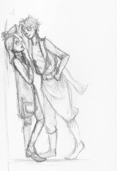 Schiță Cuplu Apropierea Peretelui Casei Stradă Desenată Manual Creion Negru — Fotografie, imagine de stoc