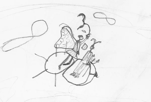 종이에 연필로 손으로 하늘에서 꿀벌에 요정과 악마의 스케치 — 스톡 사진