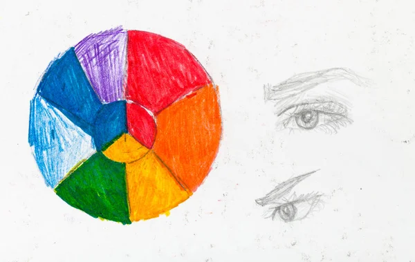 Color Wheel Sketches Human Eyes Hand Drawn Pencils White Paper — Stock Photo, Image