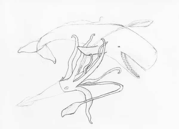 Szkic Bitwy Ośmiornicy Cachalot Ręcznie Rysowane Przez Czarnego Ołówka Białym — Zdjęcie stockowe