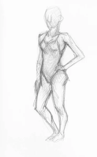 Sketch Female Figure Swimsuit Hand Drawn Black Pencil White Paper — Stock Photo, Image