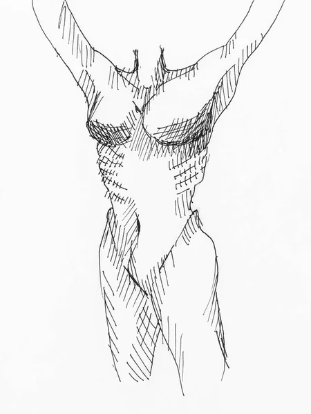 女性躯干素描 举手手绘在白纸上用黑色墨水 — 图库照片