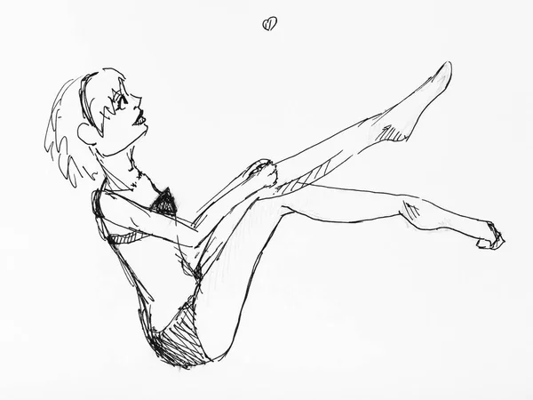 Эскиз Прыгающей Женщины Купальнике Нарисованный Черными Чернилами Белой Бумаге — стоковое фото