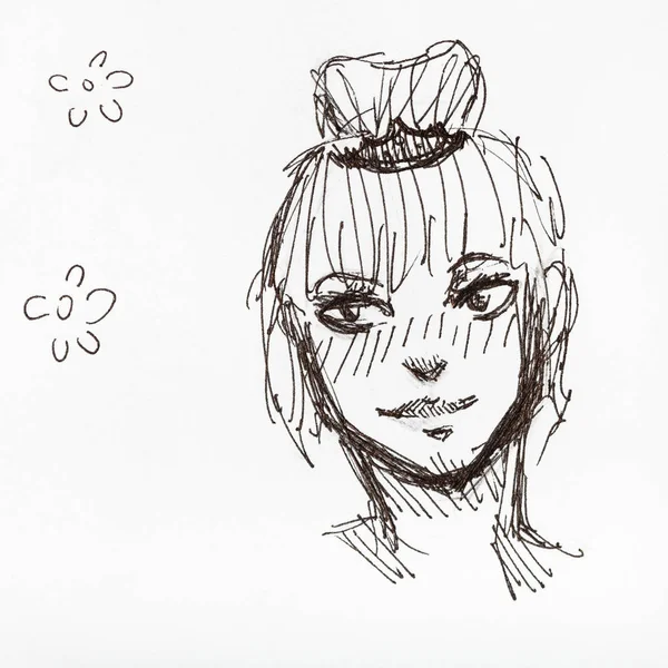 Sketch Teen Head Bun Hairstyle Hand Drawn Black Ink White — Stock Photo, Image