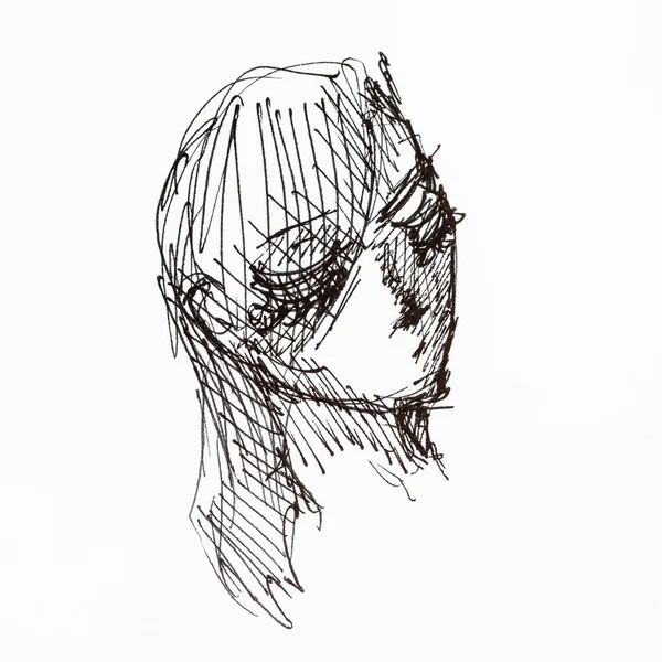 白い紙に黒いインクで描かれた女性の頭部のハッチングスケッチ — ストック写真