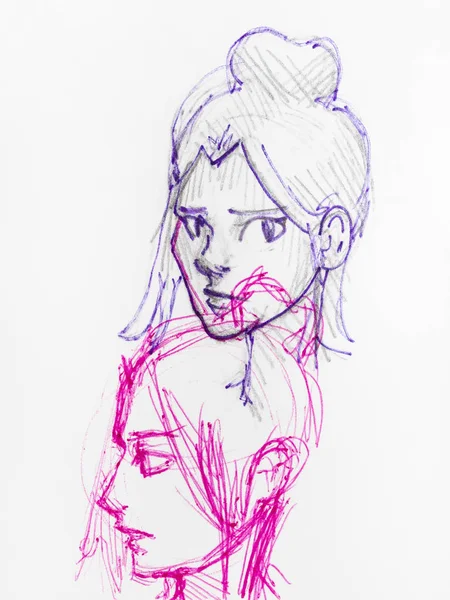 Skisser Kvinnliga Huvuden Med Bullfrisyr Handritade Med Blått Och Rosa — Stockfoto