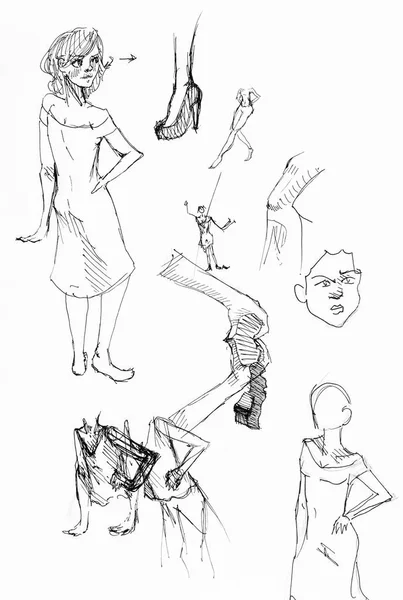 Sketches Female Figures Hands Legs Hand Drawn Black Ink White — Stock Photo, Image