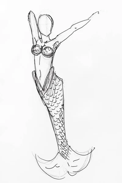白紙に黒鉛筆と墨で描かれた魚尾手描き人魚の姿 — ストック写真