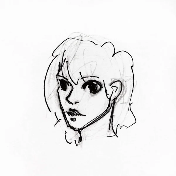 白い紙に黒い鉛筆とインクで手描きの大きな目を持つ若い女性の肖像画 — ストック写真
