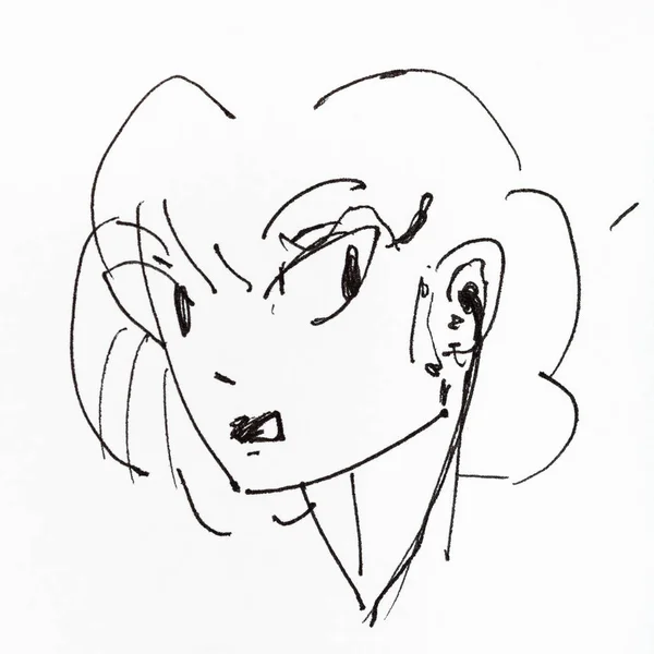 Sketch Female Head Large Eyes Hand Drawn Black Ink White — Stock Photo, Image