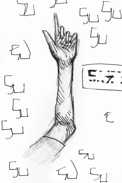 Ескіз Руки Піднятим Пальцем Абстрактним Орнаментом Намальованим Чорним Чорнилом Білому — стокове фото