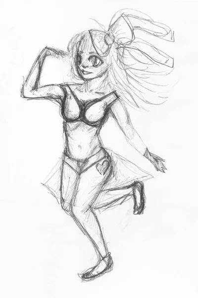 Sketch Running Girl Long Hair Swimsuit Hand Drawn Black Pencil — Stock Photo, Image