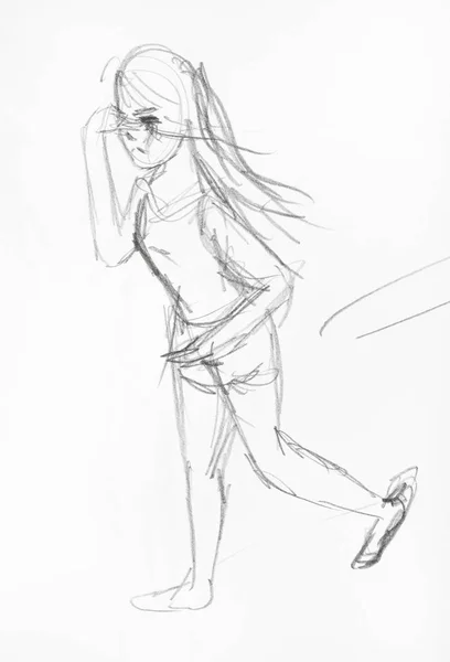 Sketch Running Girl Hand Drawn Black Pencil White Paper — Stock Photo, Image