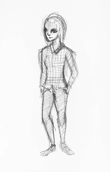 Croquis Adolescent Heureux Aux Cheveux Longs Chemise Carreaux Pantalon Serré — Photo