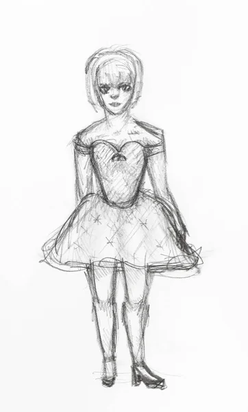 Sketch Girl Wide Short Party Dress Hand Drawn Black Pencil — Stock Photo, Image