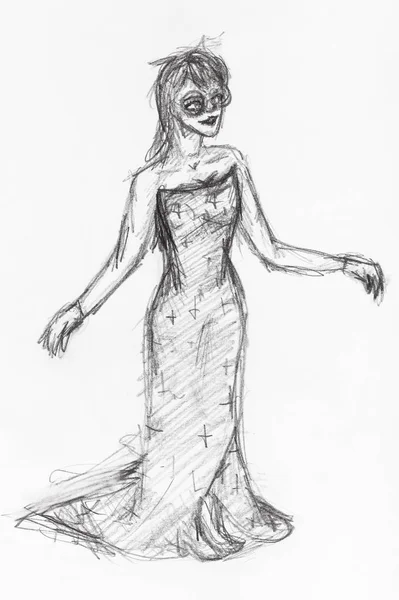 在礼服和伪装面具的幸福女孩的草图手绘黑色铅笔在白纸上 — 图库照片