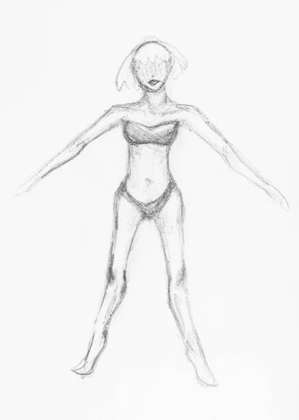 Sketch Girl Swimsuit Hand Drawn Black Pencil White Paper — Stock Photo, Image