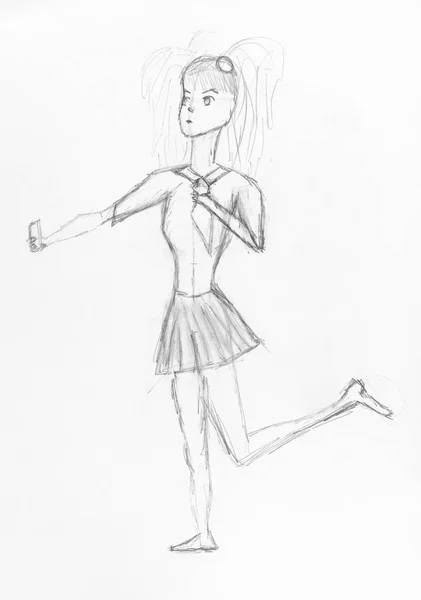 女孩站在一条腿上的草图与小镜子手绘黑色铅笔在白纸上 — 图库照片