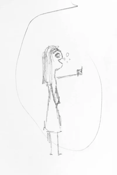 说话的女孩手绘在白纸上用黑色铅笔的素描 — 图库照片