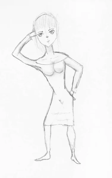 Sketch Dancing Girl Hand Drawn Black Pencil White Paper — Stock Photo, Image