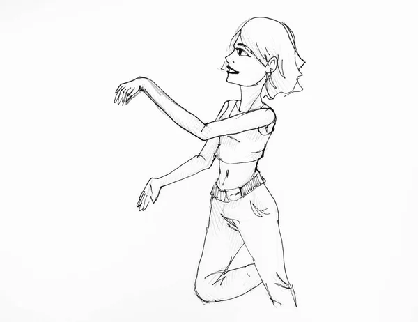 Portrait Dancing Girl Jeans Top Hand Drawn Black Ink White — Stock Photo, Image