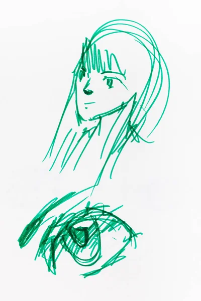 Sketch Female Head Eye Hand Drawn Green Felt Pen White — Stock Photo, Image