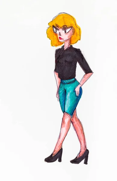 Portrait Business Woman Yellow Hair Black Skirt Blue Shorts Hand — Stock Photo, Image