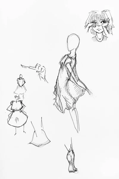 Sketches Female Figures Short Dresses Girl Head Foot Hand Drawn — Stock Photo, Image