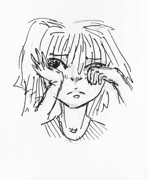 Esboço Menina Que Esfrega Olho Com Mão Desenhada Por Lápis — Fotografia de Stock