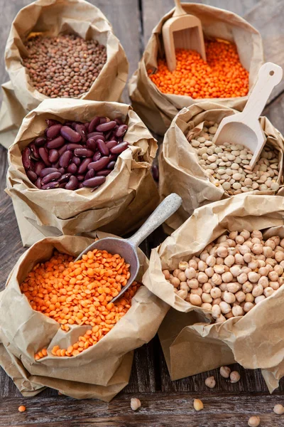 Variedad Legumbres Secas Pequeñas Bolsas Papel — Foto de Stock