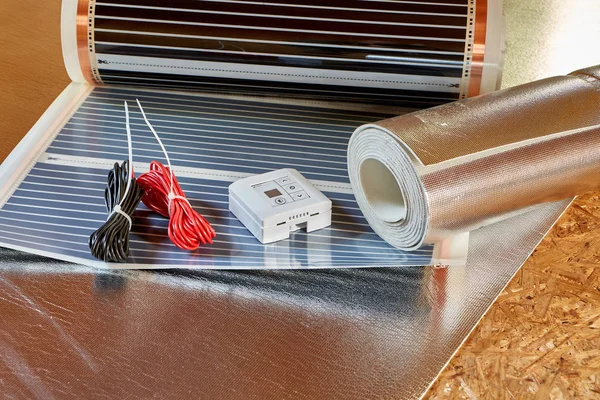 Installation Infrared Carbon Heating Film Floor Heating Film Roll Termostat — Stock Photo, Image