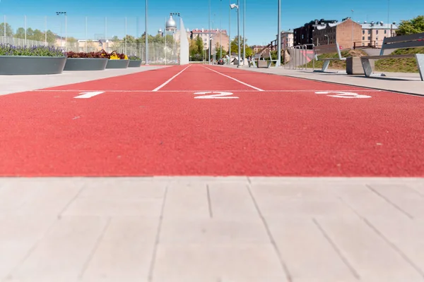 Løpende Sporstruktur Med Banenumre Bystadion – stockfoto