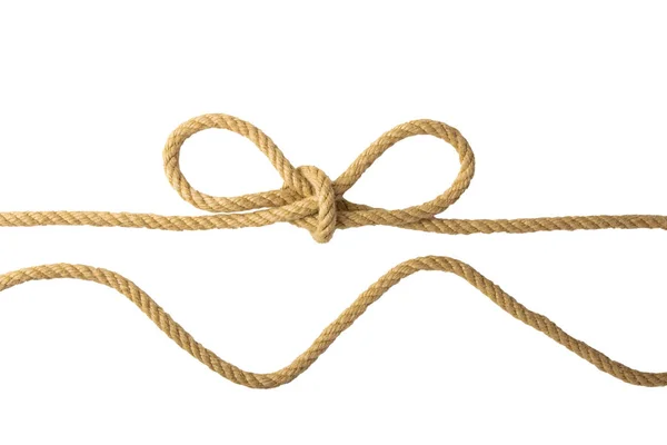 绳索隔离 从两条棕色绳索上分离在白色背景上的图形节点或结的特写 海军和垂钓者结或水手结 — 图库照片