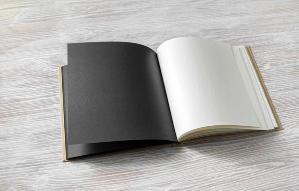 Photo Opened Book Blank Pages Light Wooden Background Responsive Design — Stock Photo, Image
