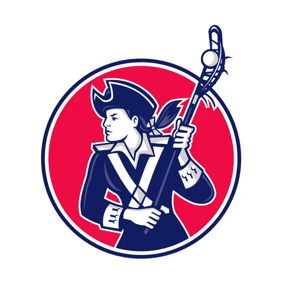 Mascot Ikon Illustration Kvinnlig Amerikansk Patriot Som Lacrosse Spelare Kör — Stockfoto