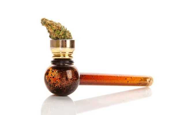 Marijuana Bud Glass Smoking Pipe White Background — Stock Photo, Image