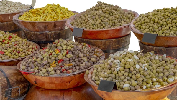 Wooden Bowls Filled Various Flavoured Olives — Stock Photo, Image