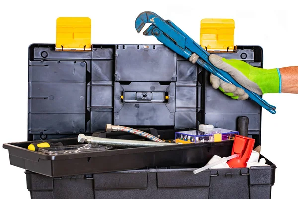 Plumber Carpenter Tool Box Isolated Black Plastic Tool Kit Box — Stock Photo, Image