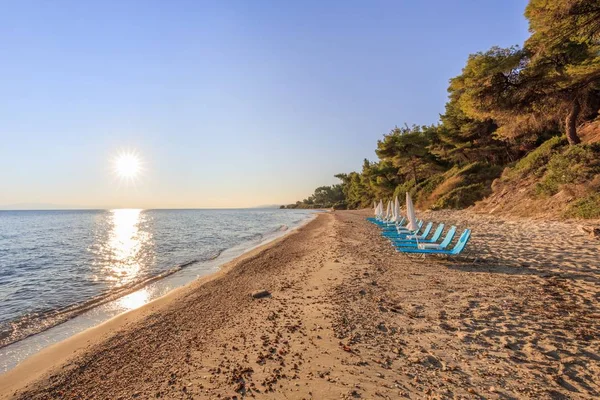 Salida Del Sol Playa Kriopigi Kassandra Península Halkidiki Grecia — Foto de Stock