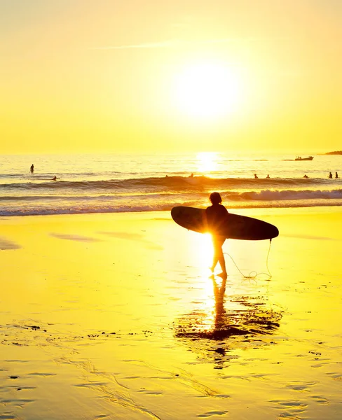 Silhueta Surfista Caminhando Para Oceano Pela Praia Areia Pôr Sol — Fotografia de Stock