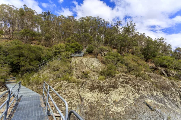 澳大利亚新南威尔士州北部新英格兰国家公园的一条野生河流 沿着全景沃洛蒙比戈尔格步行道的金属楼梯景观 — 图库照片