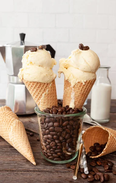 Scoops Ice Cream Coffee Beans Crispy Waffle Cones — Stock Photo, Image