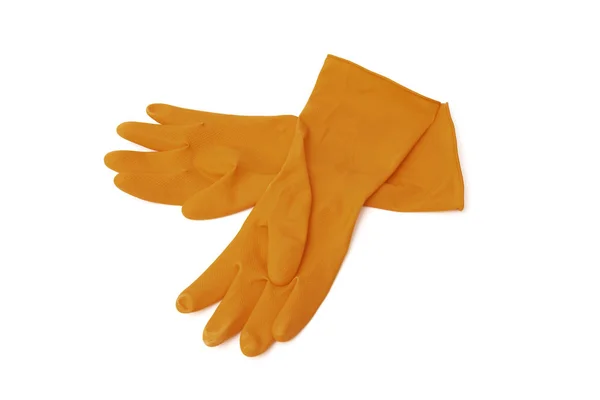 Gros Plan Deux Gants Caoutchouc Orange Isolés Sur Fond Blanc — Photo